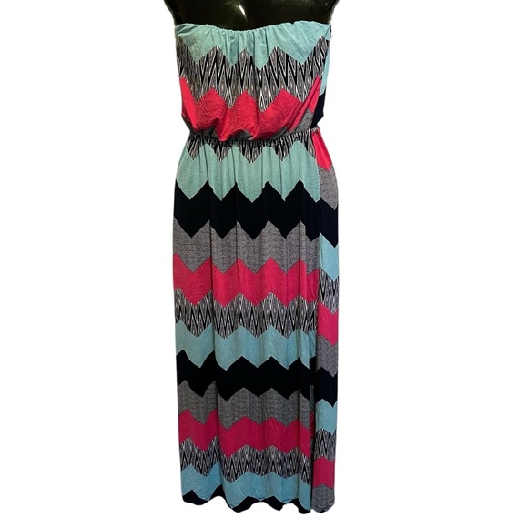 Three Pink Hearts Chevron Strapless Maxi Dress S | Y2K Festival Boho Colorblock - Picture 1 of 7